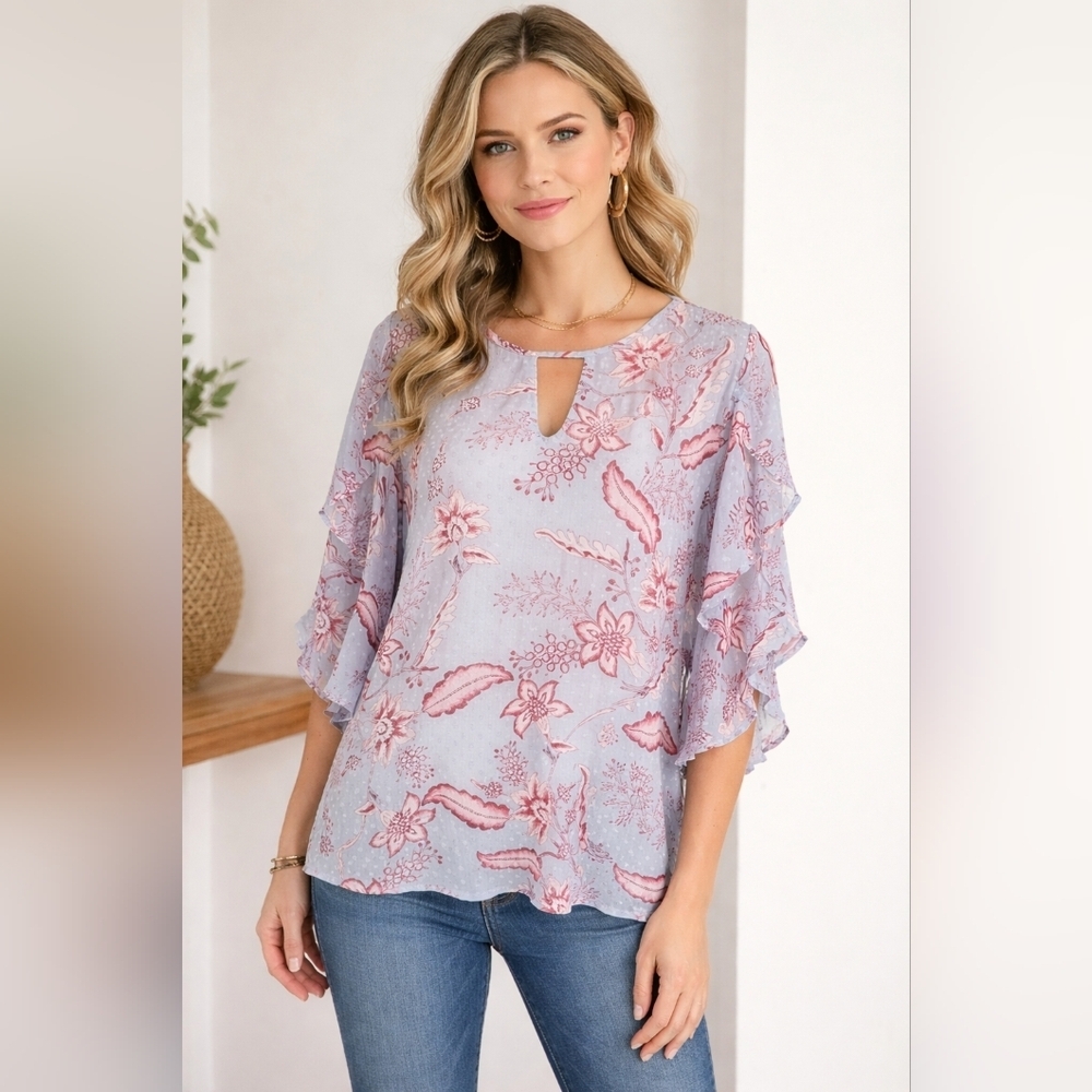 Belle Sky Swiss Dot Floral Sheer Ruffle Sleeved Shirt